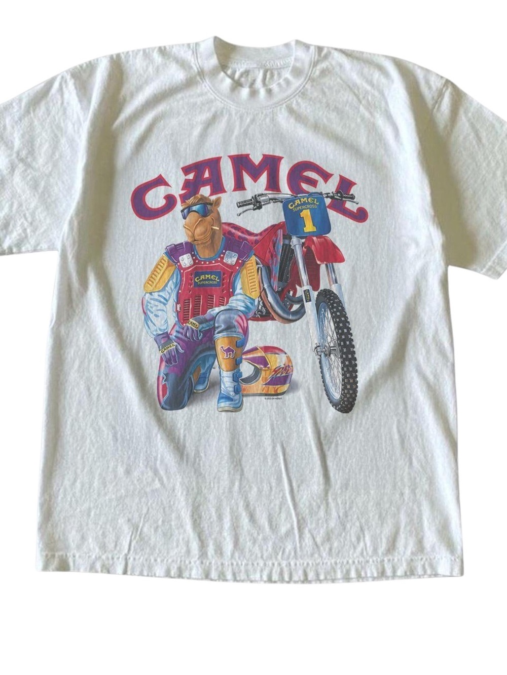 Gildan White Short Sleeve Tee with Multicolor Camel Motocross Graphic